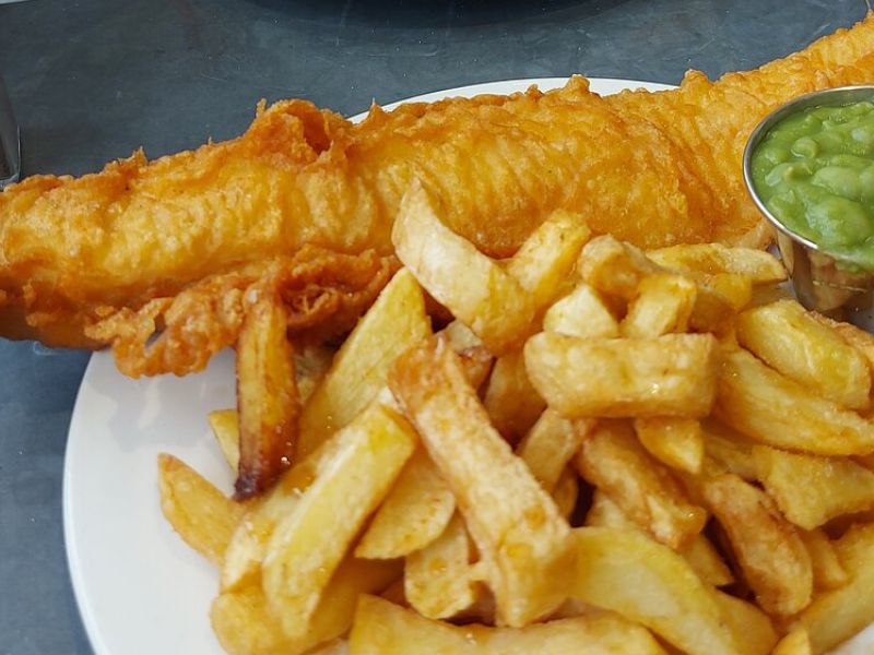 Mister Chips fish and chips meal in Whitby Mister Chips fish and chips meal in Whitby.