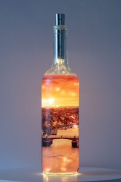 Red Sky Over Whitby Harbour Light Up Bottle Lamp