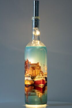 Boats In Whitby Harbour Light Up Bottle Lamp