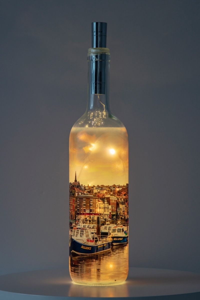 Evening In Whitby Harbour Light Up Bottle Lamp