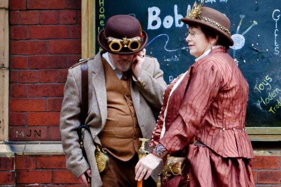 Whitby Steampunk Weekend people dressed up in Victorian attire.