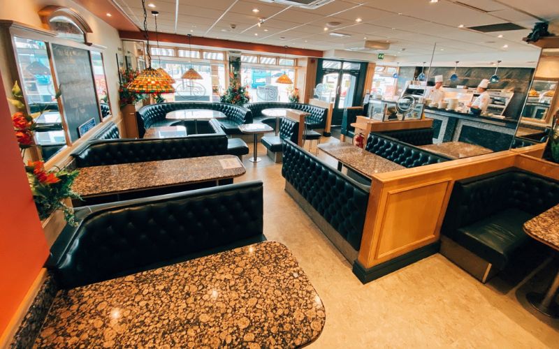 Booth style seating and interior at Trenchers in Whitby.