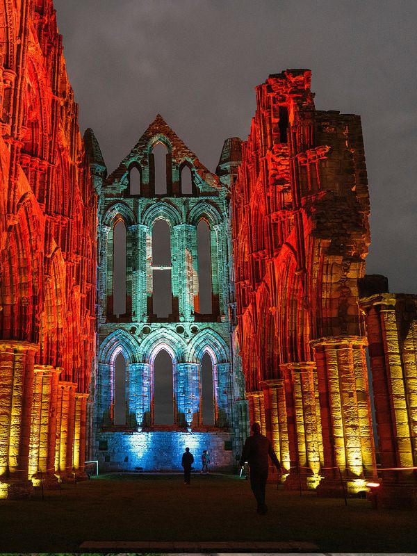 Whitby Abbey lit up for illuminated Abbey.