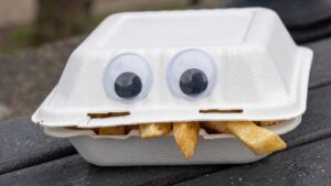 Googly eyes on takeaway box