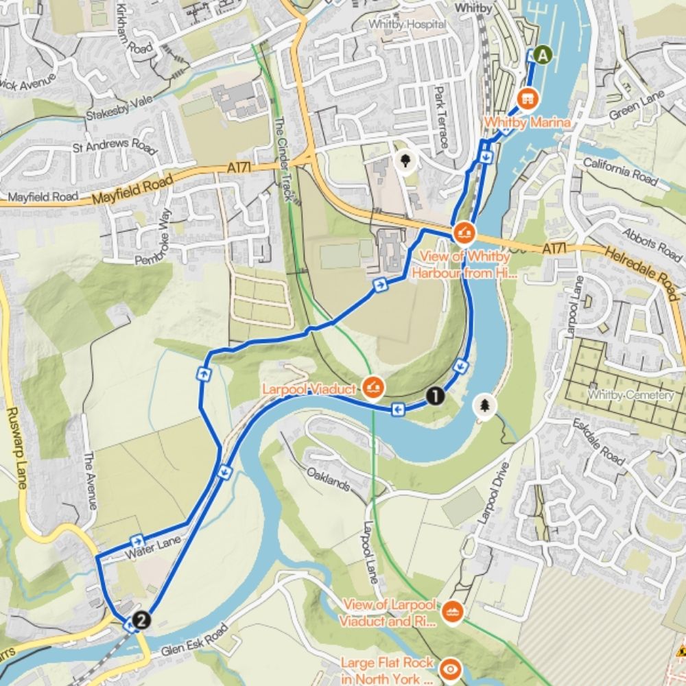 The Whitby to Ruswarp Round Route Map The Whitby to Ruswarp Round circular walk route and map