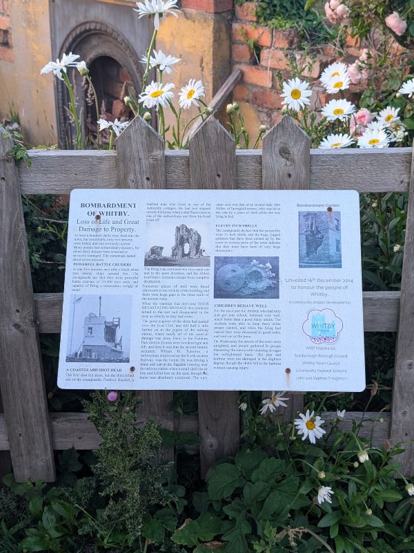 Memorial Garden in Whitby Sign to show the history of the bombed Memorial Garden in Whitby